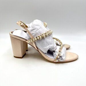 Badgley Mischka Size 8.5‎ Nude Satin Jeweled Block Heels Dress Sandals Shoes